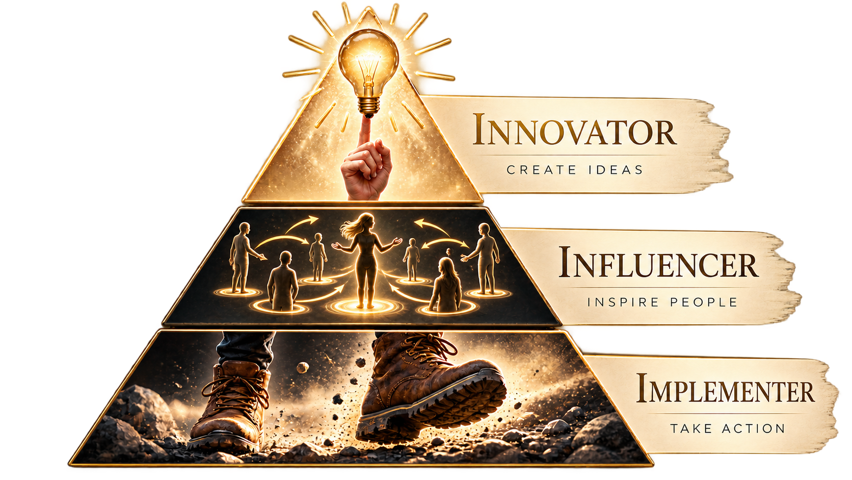 Three-level golden pyramid showing Innovator—create ideas, Influencer—inspire people, and Implementer—take action.